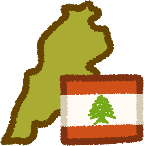 a green shape of the country of Lebanon, with the Lebanese flag